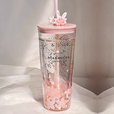 #ad Starbucks China 2023 Cute Rabbit Tumbler Pink Sakura 20oz Double Layer Glass Cup