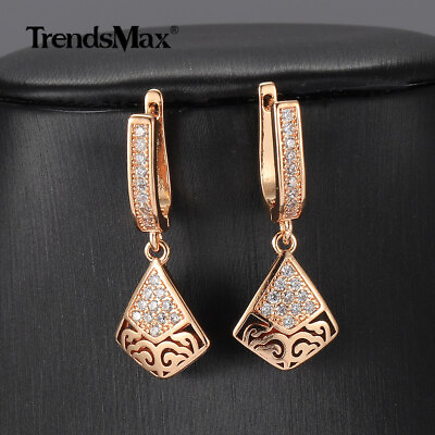 #ad 585 Rose Gold Earrings Geometric Rhombus Clear Cubic Zircon Drop Dangle Jewelry