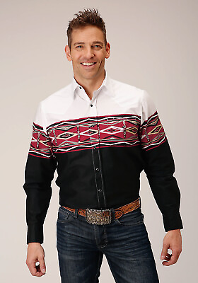 #ad Roper Mens Tribal Border Vintage Black 100% Cotton L S Shirt