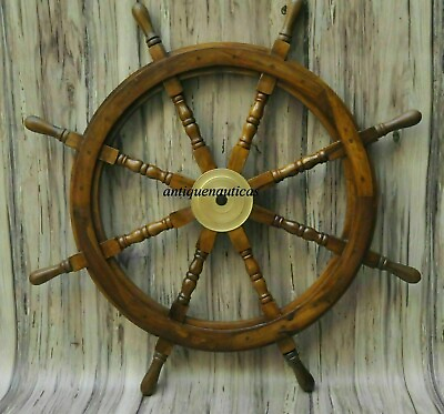 36quot;Big Ship Steering Wheel Wooden Antique Teak Brass Nautical Pirate Ship Style