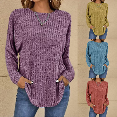 #ad Women Baggy Tunic Tops Ribbed T Shirt Long Sleeve Ladies Casual Blouse Sz S 3XL