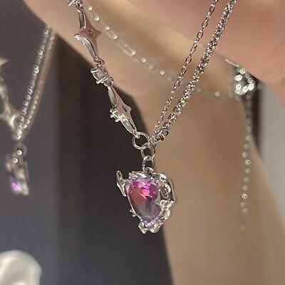 #ad Y2k Purple Crystal Heart Pendant Necklace Women Light Luxury girl Jewelry Gifts