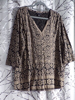 #ad Lucky Brand Blouse Top Brown Print Size 1X