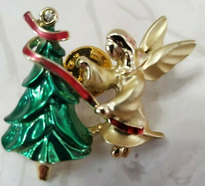 #ad Gigi Giusti Angel Christmas Tree Brooch Gold Tone Kaleidoscope Effect Vintage