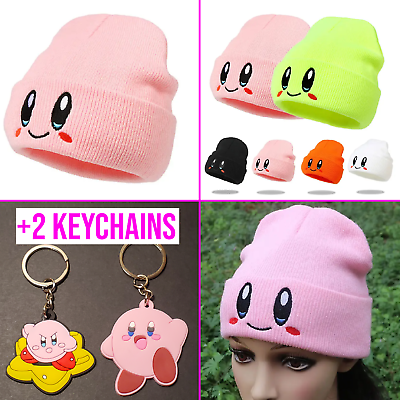 Kirby beanie hat 2 Kirby keychains ⭐️knit hat cap skully ⭐️ unisex child adult