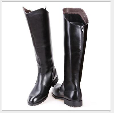 Mens Equestrian Leather Boots Flat Vintage Riding Military Boots Knee High Shoes