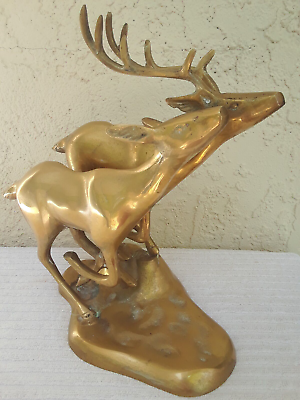 Vintage MCM Stag Doe Deer Running Solid Brass Art Sculpture Statue 44.5R