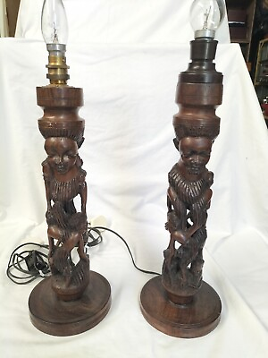 Lamps Pair Vintage African Hardwood Hand Carved Vintage Lamps Beautiful Pieces