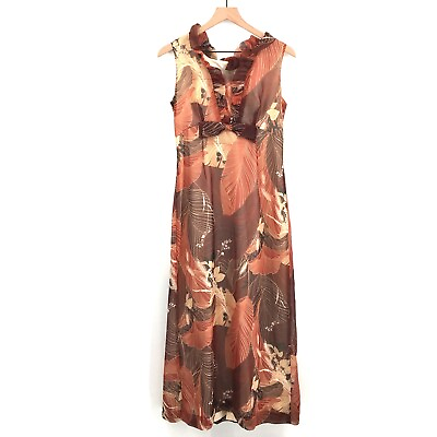 #ad vintage 70s Mildred#x27;s of Hawaii boho hippy long muumuu dress brown floral M
