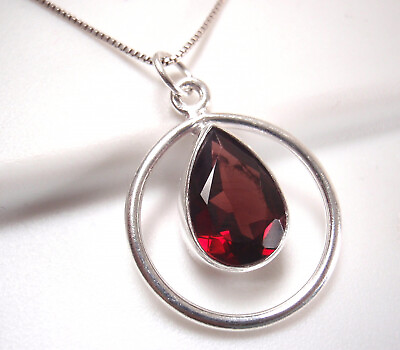 #ad Faceted Garnet Teardrop in Circle 925 Sterling Silver Pendant