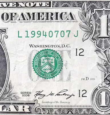 #ad 1994 July 7 : L 19940707 J BIRTHDAY $1 One Dollar Bill Fancy Serial Number