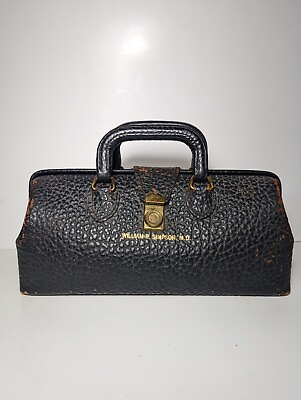 Vintage Antique 1960s Drs Doctor#x27;s Bag MD Black Walrus Leather Brass Buckle