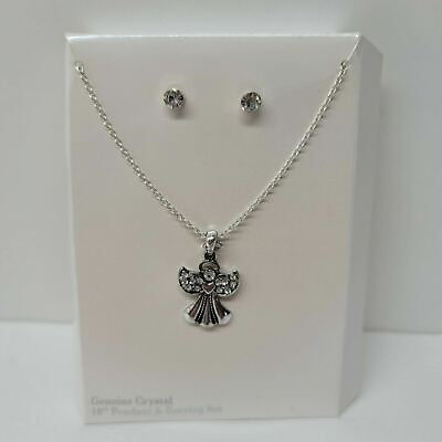 Genuine Crystal Angel Silver Tone 18quot; Necklace amp; Earrings NEW