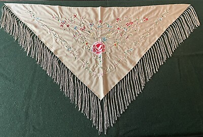 #ad EMBROIDERED VINTAGE SILK SATEN WRAP PIANO SHAWL WITH FLOWERS Beige Tan W Fringe