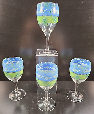 #ad #ad 4 Luminarc CRA72 Wine Glasses Set Blue Green Leaves Cristal D#x27;Arques France Lot