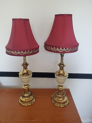 Pair MCM Stiffel Brass Ceramic Candlestick Lamps With Gold And Burgundy Shades
