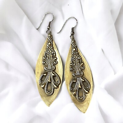 Brass Art Nouveau Style Earrings Dangle French Hook Boho Patina