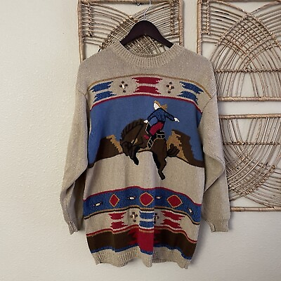 #ad #ad VTG LizSport Western Rodeo Horse Knit Cowboy Sweater 80s 90s Liz Sport *see msrt
