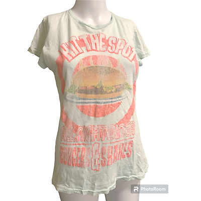 #ad Made U Look Women#x27;s Medium T Shirt Pale Green Top Blouse Burgers and Shakes