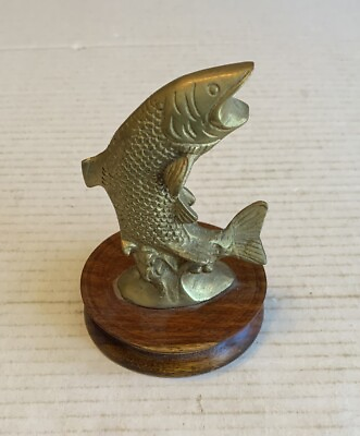 Mid Century Solid Brass Leaping Fish Statue Wood Base