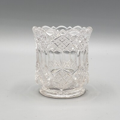 Vintage Glass Toothpick Holder Diamond Quit Pattern Clear Scallop Edge