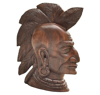 #ad Wooden Chief Indian Native American Head Wall Hanging Hand Carved Man Cave 12quot;
