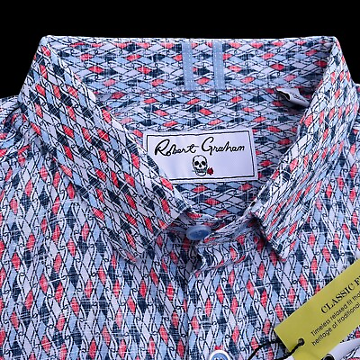 #ad Robert Graham Chandler Geo Print Linen Cotton Short Sleeve Shirt Size XL $178