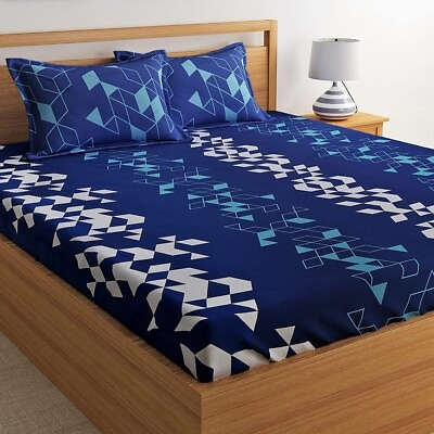 #ad 100%Cotton Double Bedsheets with 2 Pillow Covers 144tc Geometric Blue 7.3x8.2ft
