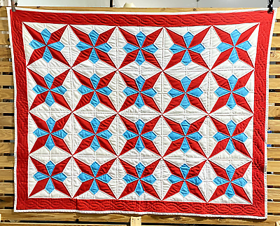 Vintage 80s Handmade Quilt Kaleidoscope Variation Red White Blue USA 81in x 66in