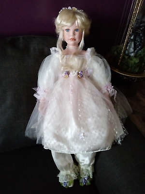 #ad AEL Porcelain Flower Girl Patricia Rose 28” Lavender Flowers Beige Dress Doll