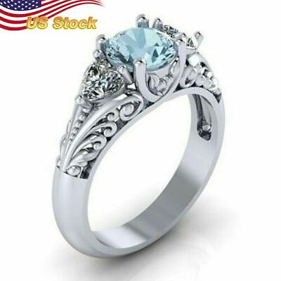Fashion 925 Silver Plated Jewelry Wedding for Women Aquamarine Ring Size 6 10