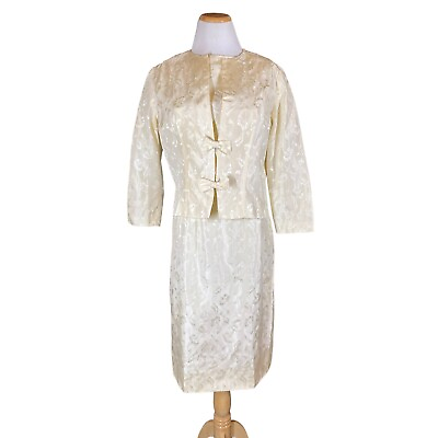 #ad Vintage 1960s Cream Floral Jacquard Sleeveless Dress Jacket Set V Back