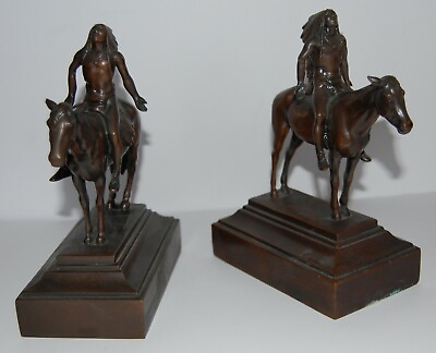 ANTIQUE MOUNTED AMERICAN INDIANS DIE CAST STATUES SET OF 2 