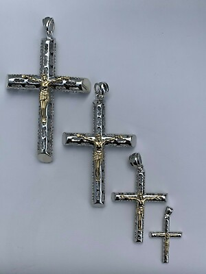 Mens Ladies Solid 925 Silver 14k Gold Plated Cross Jesus Piece ITALY Necklace