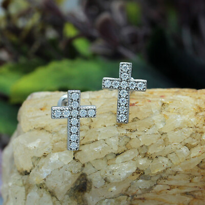 #ad Real MOISSANITE 925 Silver Small Cross Earrings Studs Diamond Tester