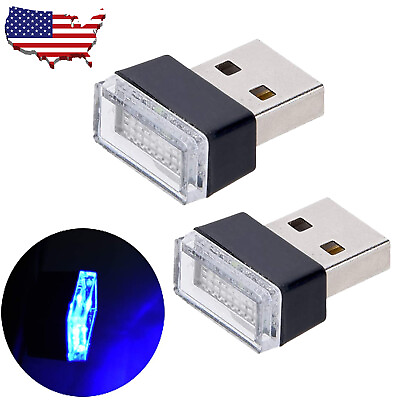 #ad 2x Mini Blue LED USB Car Interior Light Neon Atmosphere Ambient Lamp Accessories