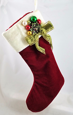 #ad Classic Red CHRISTMAS Stocking Embellished with Ornaments 18quot; NEW