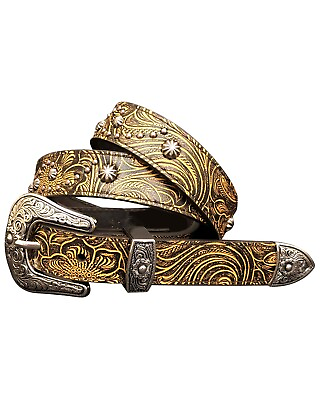 #ad Cowgirls Rock Women#x27;s Floral Tooled Studded Leather Belt Brown Large