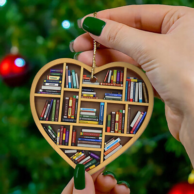 Book Lovers Heart Shaped Bookshelf Pendant Ornament Christmas Tree Decor Gifts
