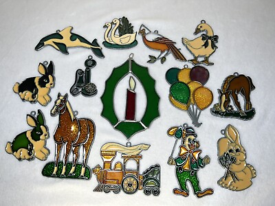 Vintage Stained Glass Christmas Animals Assorted Sun Catchers Lot of 14