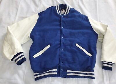 #ad VTG DeLong Varsity Bomber Jacket Blue White Wool Snap Button USA Mens XL Blank