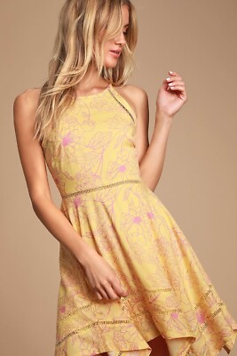 #ad Lulus NWT Bahama Mama Yellow Floral Print Sleevless Handkerchief Dress Size M