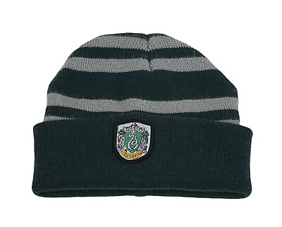 #ad Harry Potter Slytherin Crest Green Gray Striped Cuffed Beanie Knit Hat