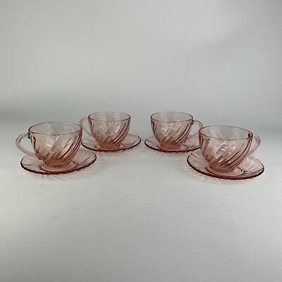 Arcoroc Pink Swirl Rosaline Luminarc Set of 4 Tea Cup Saucer Punch Coffee France