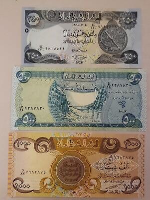 #ad Iraq Iraqi 3 Note Set 1000 500 250 Dinar Unc Used in present day Iraq