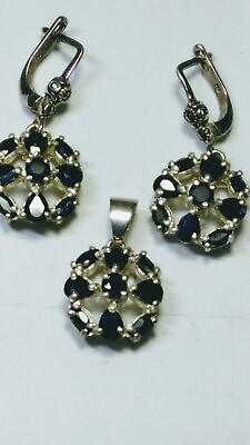 #ad ATTRACTIVE NATURAL SAPPHIRES IN STERLING SILVER PENDANT AND EARRINGS SET