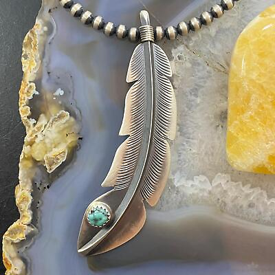 #ad Billy Long Native American Sterling Oxidized Feather w Turquoise Unisex Pendant