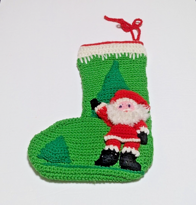 #ad Vintage Handmade Knit Santa Claus Christmas Stocking 3D Raised Design