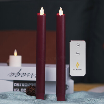 8#x27;#x27; Luminara Flameless Battery Operated Taper Candles Set of 2 Remote Burgundy