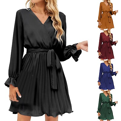Women#x27;s Fashion Wrap V neck Party Wedding Guests Pleated Long sleeve Mini Dress